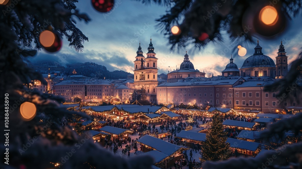 Fototapeta premium Salzburg Christmas Market seen trough a Christmas tree branches