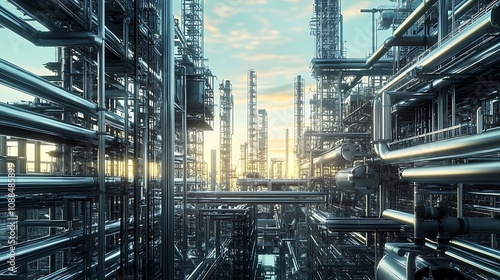 Industrial Complex at Sunset, 3D Rendered AI Generated