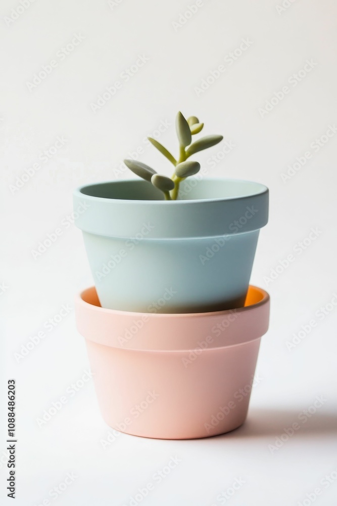 Small plant in pastel blue and pink pots. Small plant in pastel blue and pink pots.