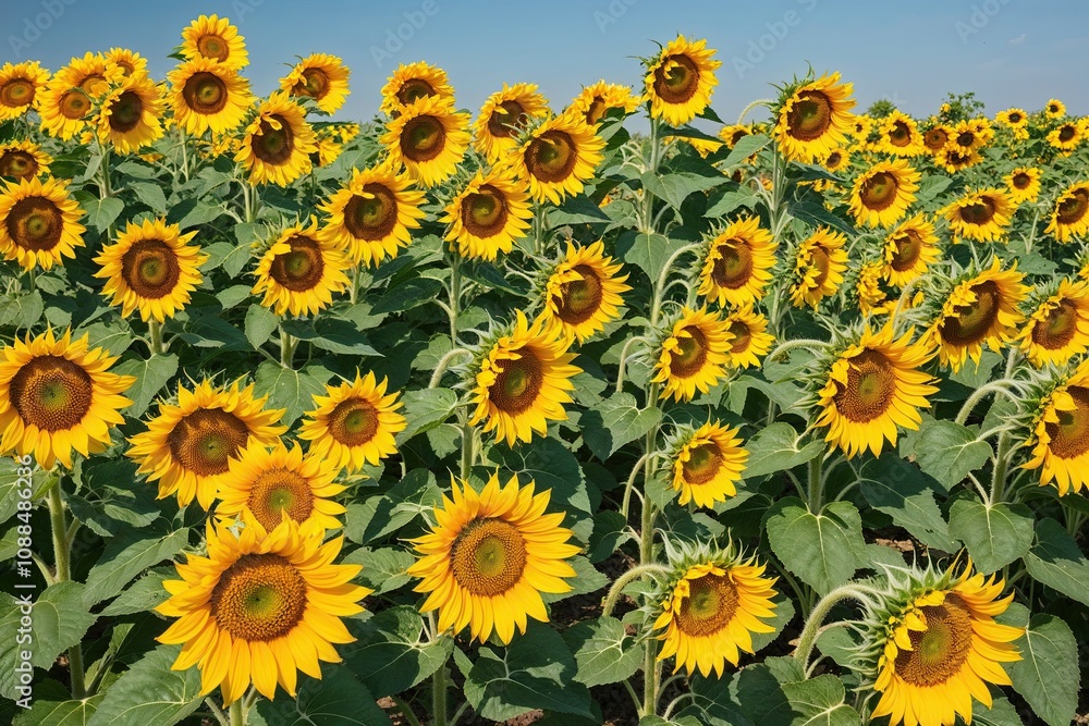 Vibrant Yellow Sunflower Garden Blossoms Against Clear Sky Background Vibrant Yellow Sunflower Garden Blossoms Against Clear Sky Background