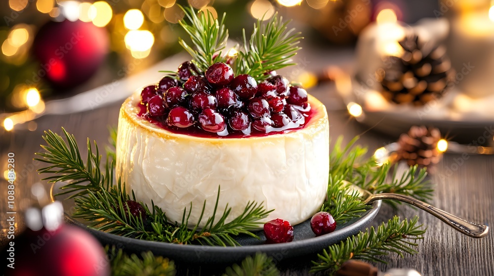 Close-up of creamy baked brie with cranberry topping, surrounded by pine sprigs and festive holiday lights, inviting Christmas feast setting Close-up of creamy baked brie with cranberry topping, surrounded by pine sprigs and festive holiday lights, inviting Christmas feast setting