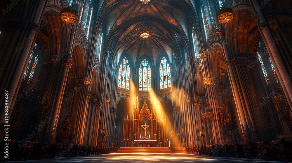 Capturing the choir’s harmonious voices echoing through the grand cathedral, the vaulted ceiling towering above, sunlight filtering through stained glass, creating a soft glow,