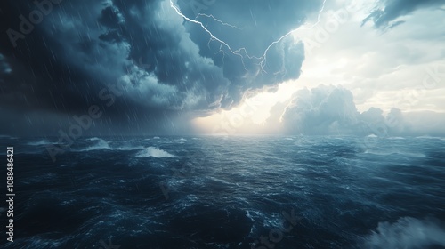 Dramatic stormy ocean with lightning and dark looming clouds during sunset. photo