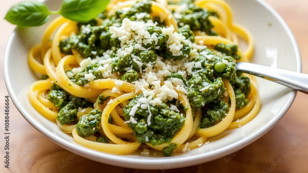 Delicious Homemade Pasta with Vibrant Green Pesto and Fresh Basil, Perfect for a Healthy andying Meal Delicious Homemade Pasta with Vibrant Green Pesto and Fresh Basil, Perfect for a Healthy andying Meal