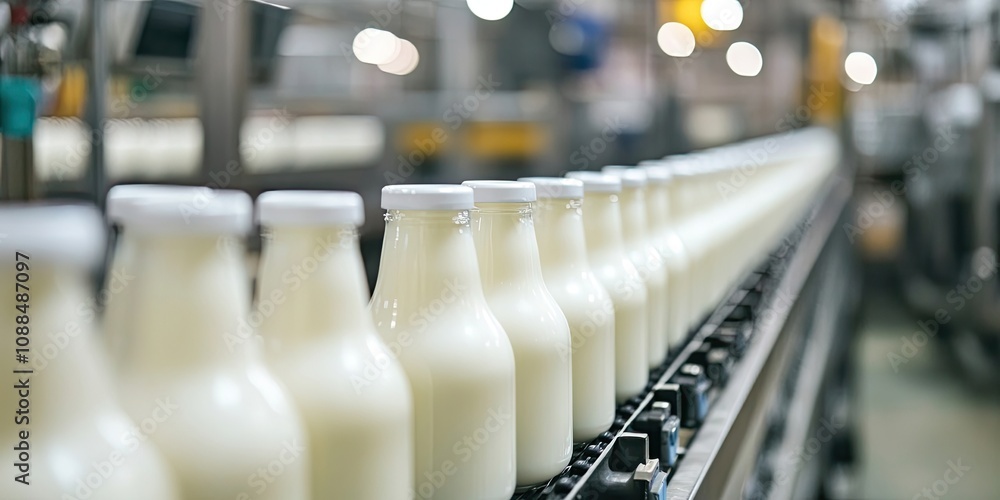 Dairy plant showcasing a conveyor system filled with milk bottles, emphasizing the efficient production process in the dairy plant with numerous milk bottles moving through the assembly line. Dairy plant showcasing a conveyor system filled with milk bottles, emphasizing the efficient production process in the dairy plant with numerous milk bottles moving through the assembly line.
