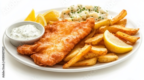 A plate of golden-brown fish and chips served with tartar sauce and lemon wedges, Each crispy fish fillet and thick-cut potato perfectly fried to perfection