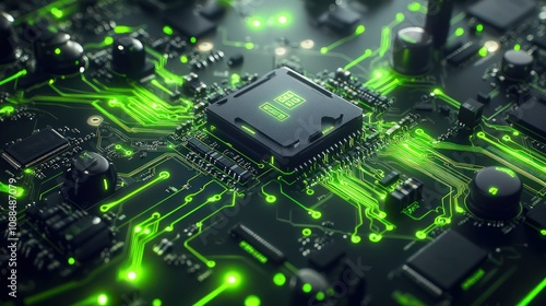 A close-up shot of a glowing electronic circuit board with neon green and dark silver elements, centered around a powerful microprocessor.  photo