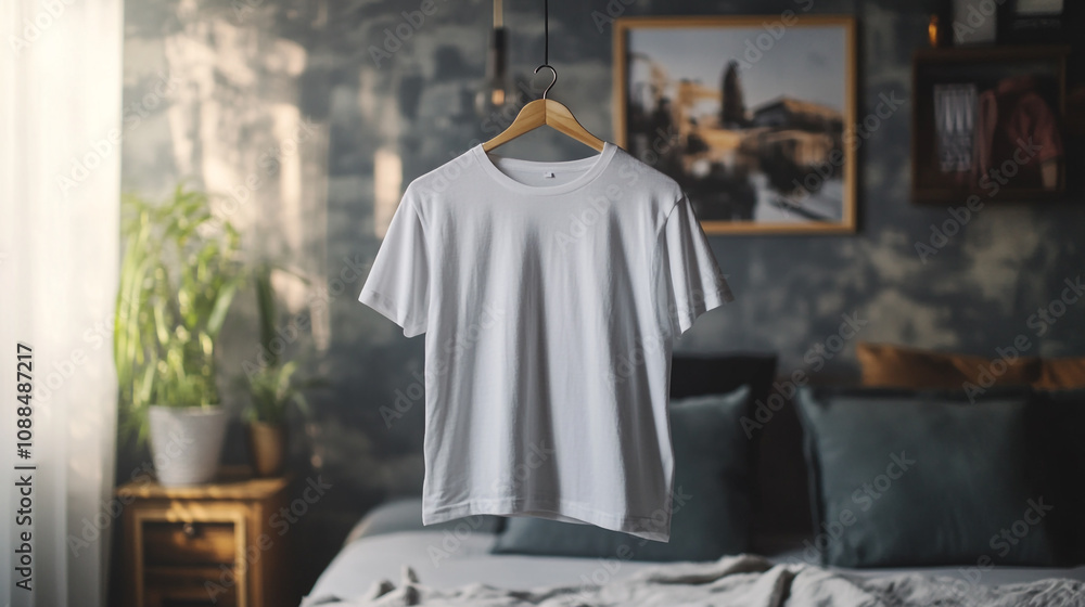 Simple mockup of a white shirt hanging in a stylish bedroom with natural light streaming in Simple mockup of a white shirt hanging in a stylish bedroom with natural light streaming in