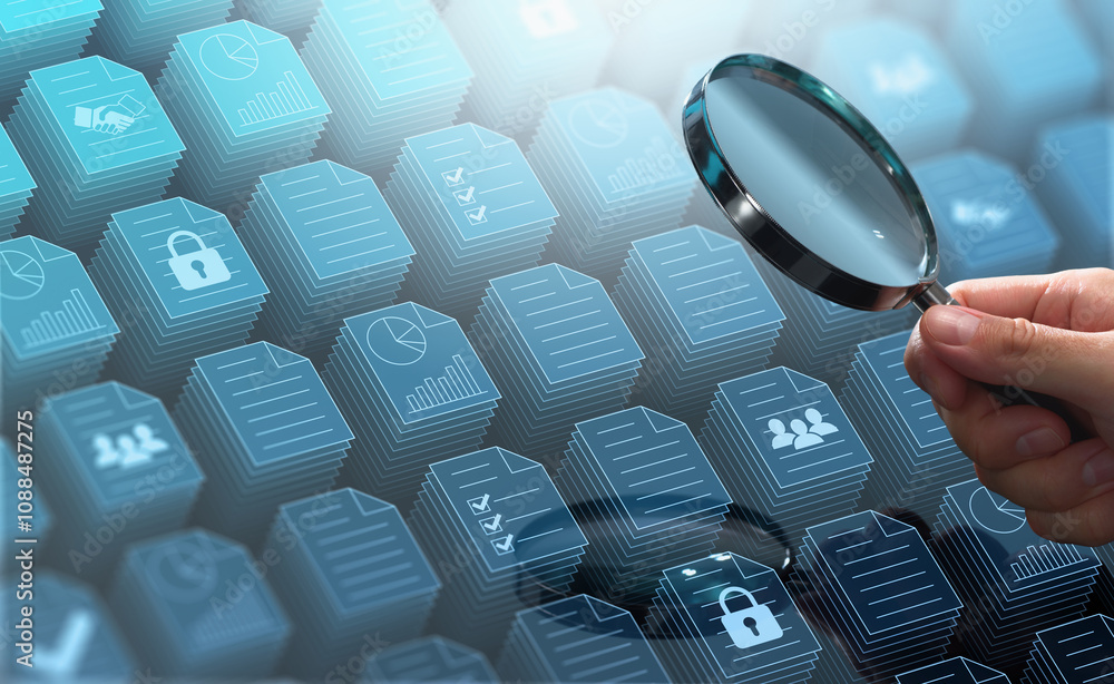 Searching business documents and files in document management system DMS storage. Businessman magnifying file icons.