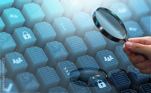 Obraz na płótnie Searching business documents and files in document management system DMS storage. Businessman magnifying file icons. w salonie
