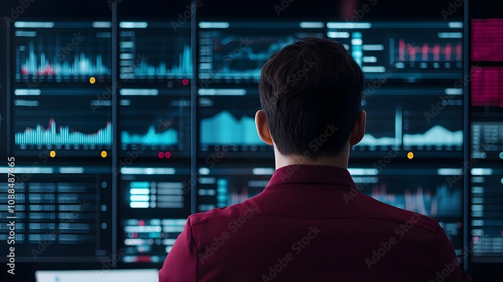 Man Viewing Financial Data Screens Man Viewing Financial Data Screens