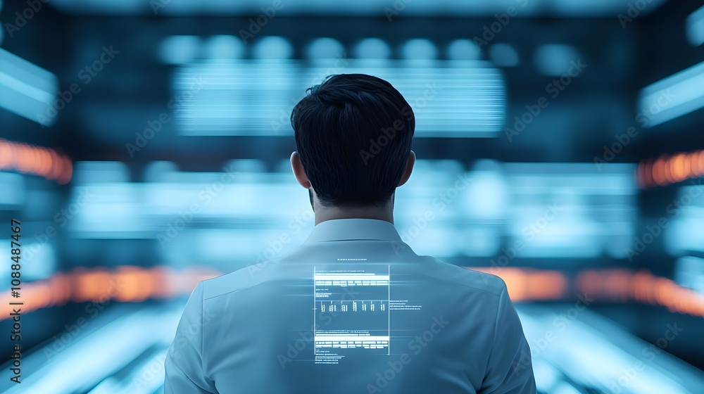 Man Viewing Data Hologram Man Viewing Data Hologram