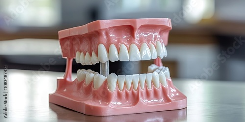 Dental tooth metal implant model for dentistry education, showcasing detailed teeth and gum structure. This teaching model highlights the importance of dental tooth implants in dental practice. photo