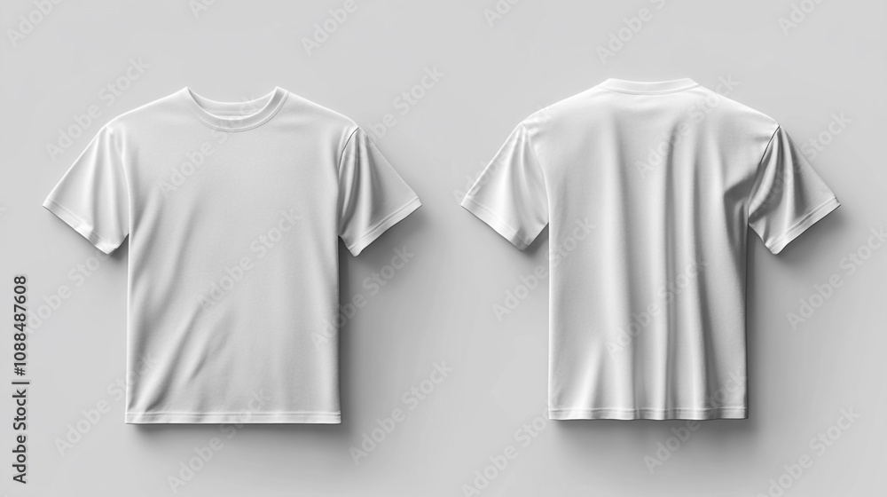 Mockup of a plain white t-shirt displayed from front and back perspectives in a studio setting Mockup of a plain white t-shirt displayed from front and back perspectives in a studio setting