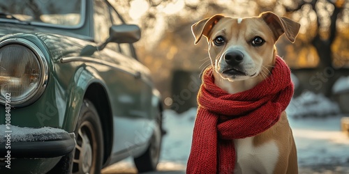 Playful dog wearing a red scarf beside a car, showcasing the dog s charming personality and the vibrant color of the red scarf, creating a delightful and eye catching scene with the dog. photo