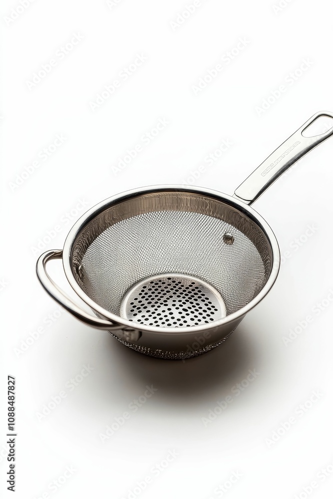 A silver strainer with a double handle.