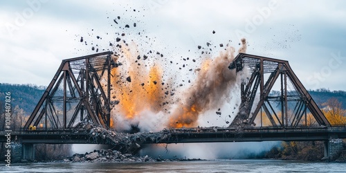 Explosive charges are set off to initiate the demolition process of a bridge. This controlled demolition showcases explosive charges used for safely dismantling structures like the bridge. photo