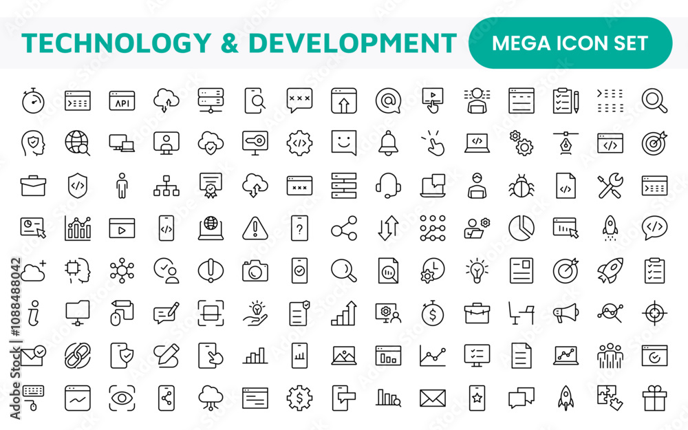 Technology and Development Icon Set. Modern and innovative icons tailored for tech apps and projects, perfect for showcasing development tools, software solutions, and cutting-edge technologies. Technology and Development Icon Set. Modern and innovative icons tailored for tech apps and projects, perfect for showcasing development tools, software solutions, and cutting-edge technologies.