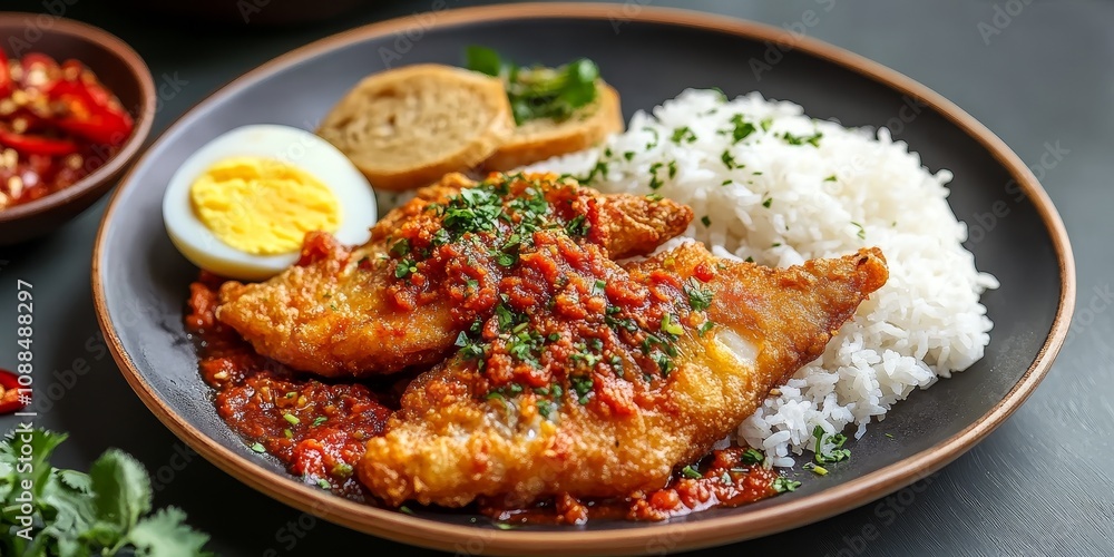Delicious deep fried fish served with a flavorful herb and spicy sauce alongside rice, complemented by stewed egg and bread, creating a perfect meal featuring deep fried fish. Delicious deep fried fish served with a flavorful herb and spicy sauce alongside rice, complemented by stewed egg and bread, creating a perfect meal featuring deep fried fish.