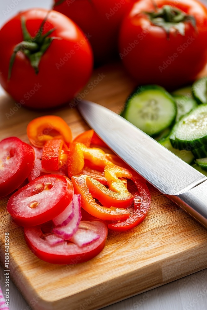 Chopped vegetables and a knife on a cutting board. Chopped vegetables and a knife on a cutting board.