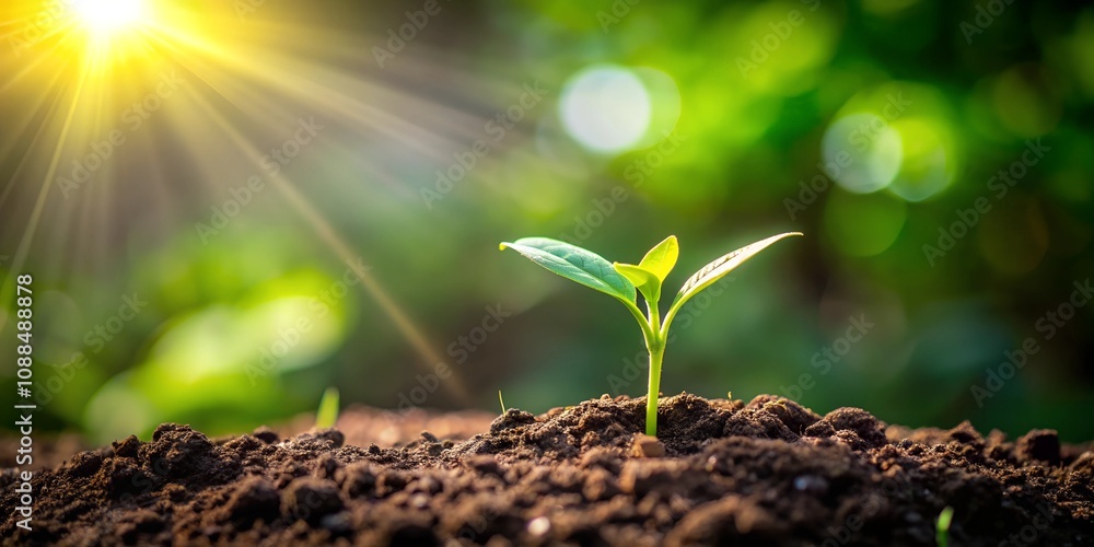 A young plant sprouting in fertile soil with sunlight streaming through. The glowing rays and lush green background symbolize hope, life, and environmental sustainability. A young plant sprouting in fertile soil with sunlight streaming through. The glowing rays and lush green background symbolize hope, life, and environmental sustainability.