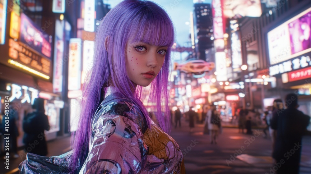 Obraz premium Cyberpunk Asian Girl in Neon City: A Digital Art Masterpiece