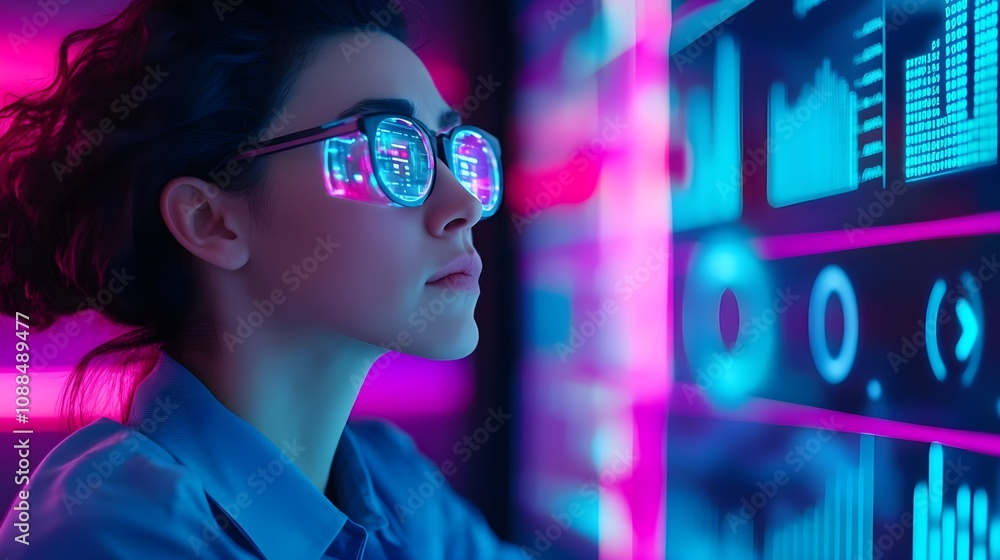 Woman Analyzing Data Futuristic Glasses Woman Analyzing Data Futuristic Glasses