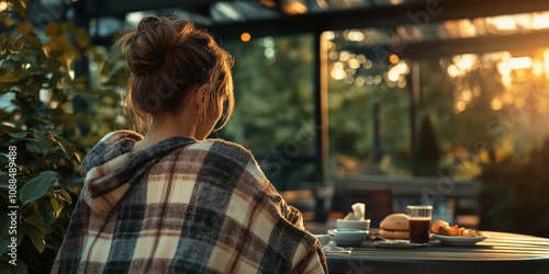 Girl enjoying a summer terrace while ordering food, wrapped in a cozy plaid, creating a relaxed atmosphere for summer dining and delightful food experiences. photo