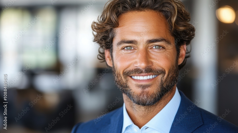 Fototapeta premium Confident businessman with a blue suit, smiling against a white background.
