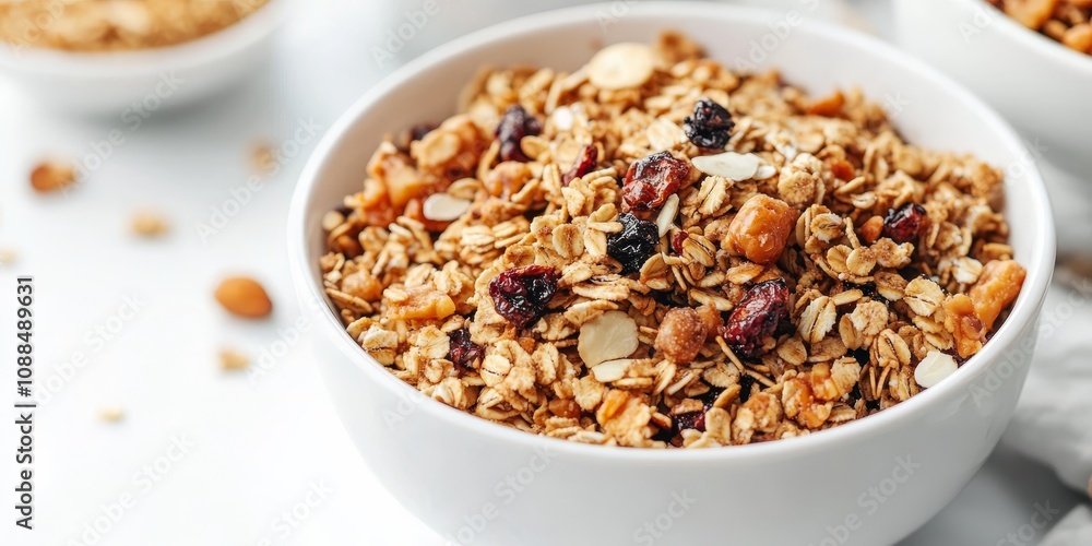 Close up of granola in a white bowl, showcasing the texture and ingredients of the granola against a clean, white background for an appealing and appetizing presentation of granola. Close up of granola in a white bowl, showcasing the texture and ingredients of the granola against a clean, white background for an appealing and appetizing presentation of granola.