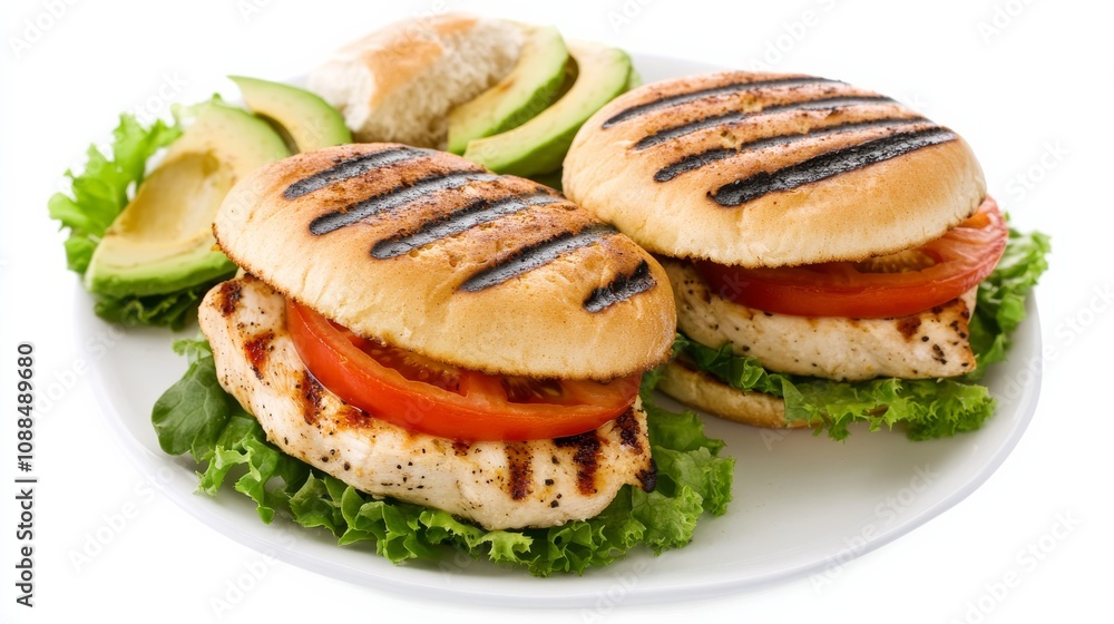 A plate of gourmet chicken avocado burgers with grilled chicken breasts, sliced avocado, lettuce A plate of gourmet chicken avocado burgers with grilled chicken breasts, sliced avocado, lettuce