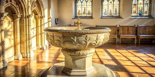  A beautifully carved stone baptismal font bathed in golden sunlight, positioned in a traditional church interior. Stained glass windows in the background enhance the divine ambiance.