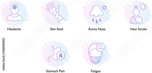 Health and Medical Symptoms Icons Set. Illustrations include headache, skin rash, nasal bleeding, heatstroke, stomach pain, and bacterial infection for health awareness and education.