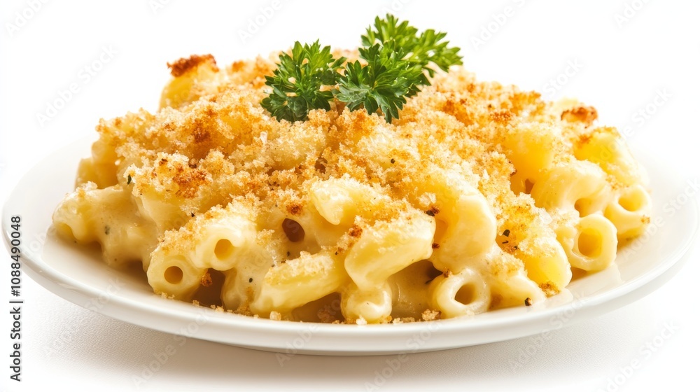 A plate of gourmet macaroni and cheese with a golden-brown breadcrumb crust, Each creamy pasta shell coated in rich cheese sauce and baked to perfection A plate of gourmet macaroni and cheese with a golden-brown breadcrumb crust, Each creamy pasta shell coated in rich cheese sauce and baked to perfection