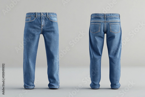 Folded blue jeans on white background.