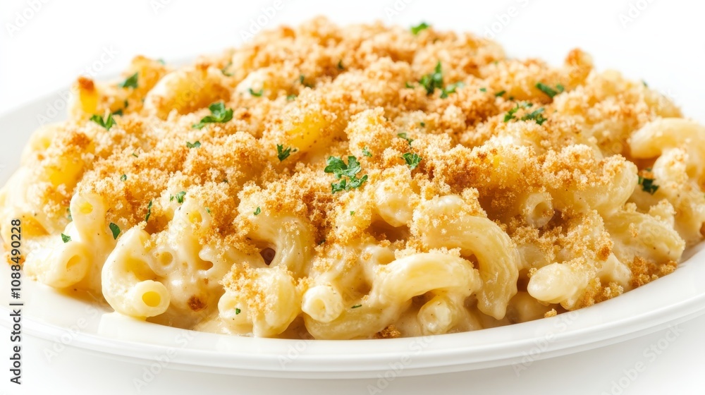 A plate of gourmet macaroni and cheese with a golden-brown breadcrumb crust, Each creamy pasta shell coated in rich cheese sauce and baked to perfection A plate of gourmet macaroni and cheese with a golden-brown breadcrumb crust, Each creamy pasta shell coated in rich cheese sauce and baked to perfection