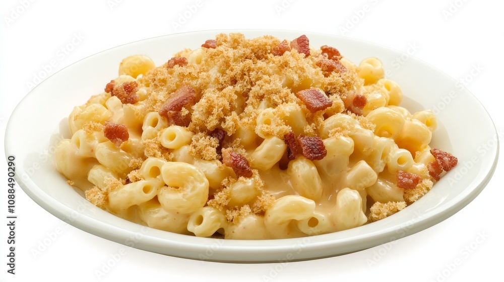 A plate of gourmet macaroni and cheese with crispy bacon bits and breadcrumbs, Each bite creamy and indulgent, Set against an isolated white background to highlight its comfort food appeal A plate of gourmet macaroni and cheese with crispy bacon bits and breadcrumbs, Each bite creamy and indulgent, Set against an isolated white background to highlight its comfort food appeal