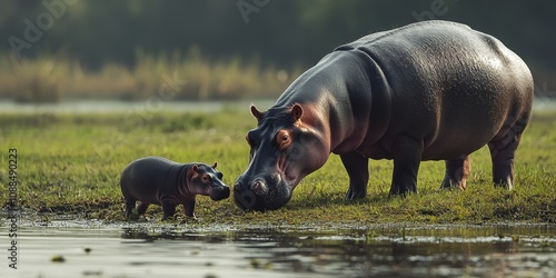 Fototapeta Naklejka Na Ścianę i Meble -  A female hippopotamus and her calf are seen grazing on the riverbanks. While hippos are known to graze at night, they often feed during the day, making it essential to stay cautious around them.