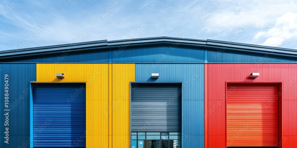 Fototapeta premium Industrial building with vibrant colours showcasing modern architecture. The industrial building features striking elements that highlight its unique design in a contemporary setting.