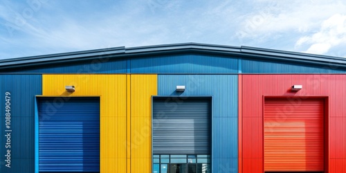 Industrial building with vibrant colours showcasing modern architecture. The industrial building features striking elements that highlight its unique design in a contemporary setting.