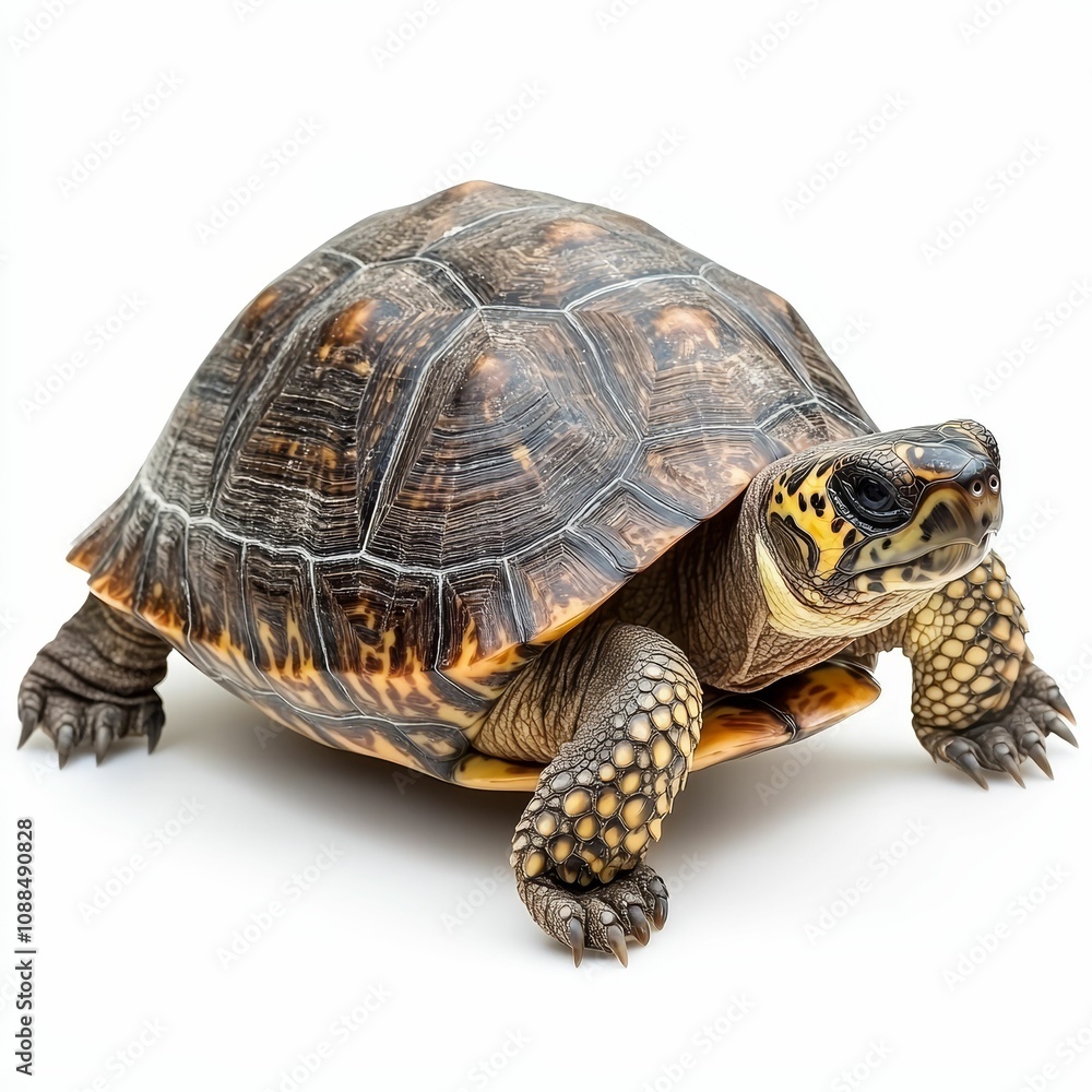 Fototapeta premium A turtle with a patterned shell on white background.