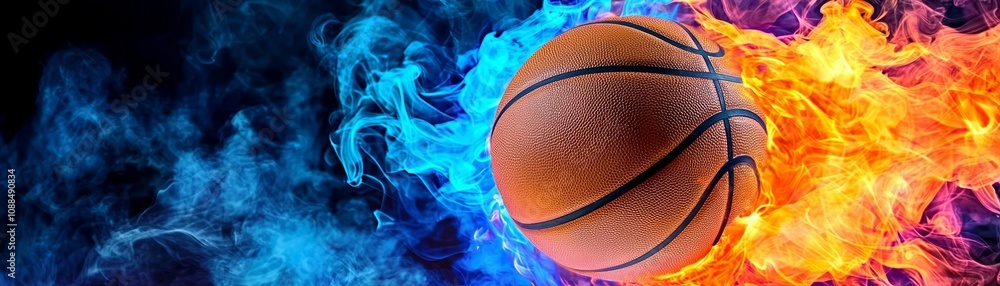 Burning basketball with smoke trails, explosive energy, exciting and competitive game atmosphere Burning basketball with smoke trails, explosive energy, exciting and competitive game atmosphere