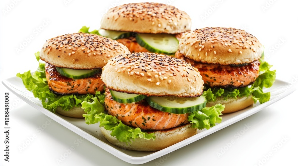 A plate of gourmet salmon burgers with grilled salmon patties, avocado slices, cucumber A plate of gourmet salmon burgers with grilled salmon patties, avocado slices, cucumber