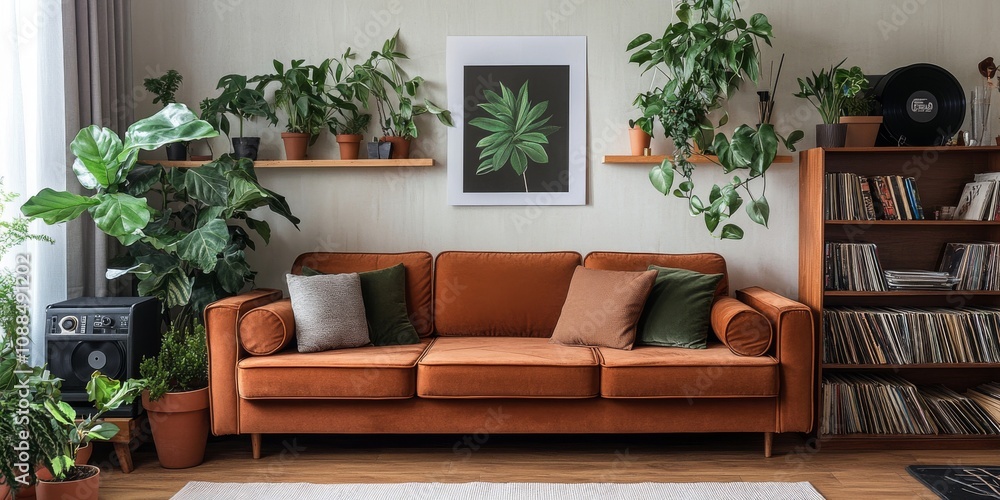 Chic living room interior featuring a stylish wooden shelf, plush velvet sofa, an abundance of plants, a mock up poster, vinyl records, books, and unique accessories for a vintage home decor look. Chic living room interior featuring a stylish wooden shelf, plush velvet sofa, an abundance of plants, a mock up poster, vinyl records, books, and unique accessories for a vintage home decor look.
