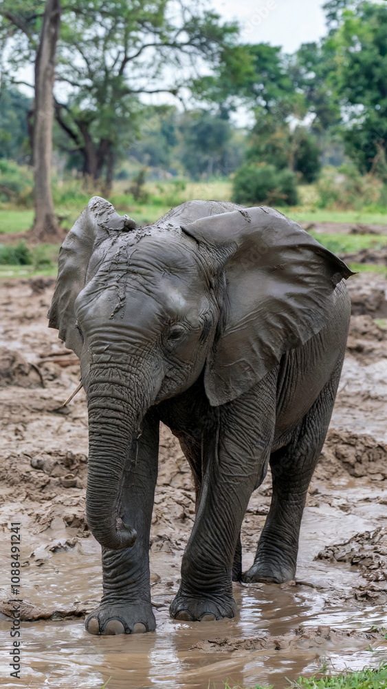 Fototapeta premium Baby elephant is standing in a muddy pond