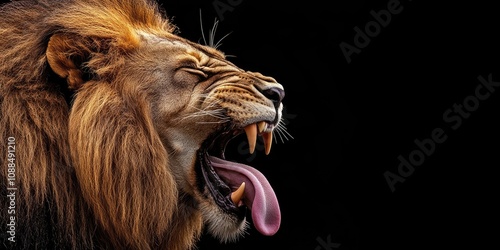Lion making a humorous expression, showcasing its tongue and sharp canine teeth. This lion highlights a blend of dangerous instincts and a comical look, perfect for a funny meme.