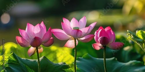 Lotus blossoms beautifully in a serene botanical garden, showcasing the elegance of lotus flowers amidst lush greenery enhancing the garden s tranquil atmosphere with stunning lotus views. photo