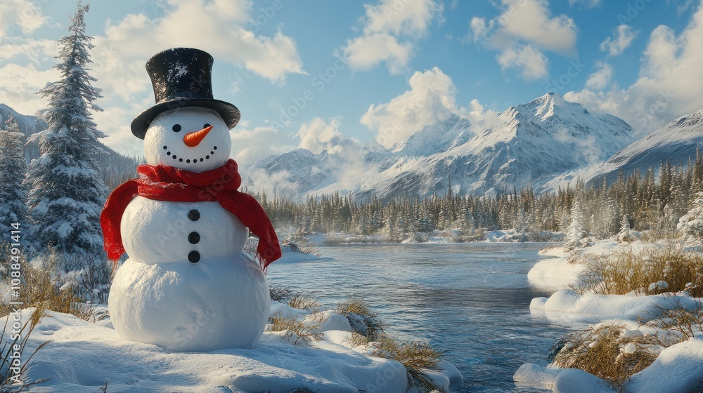 Obraz premium Snowman Wearing A Red Scarf And Black Top Hat In A Wooded Park With Snow Covered Mountains And Blue Sky In The Background; Anchorage, Alaska, United States Of America