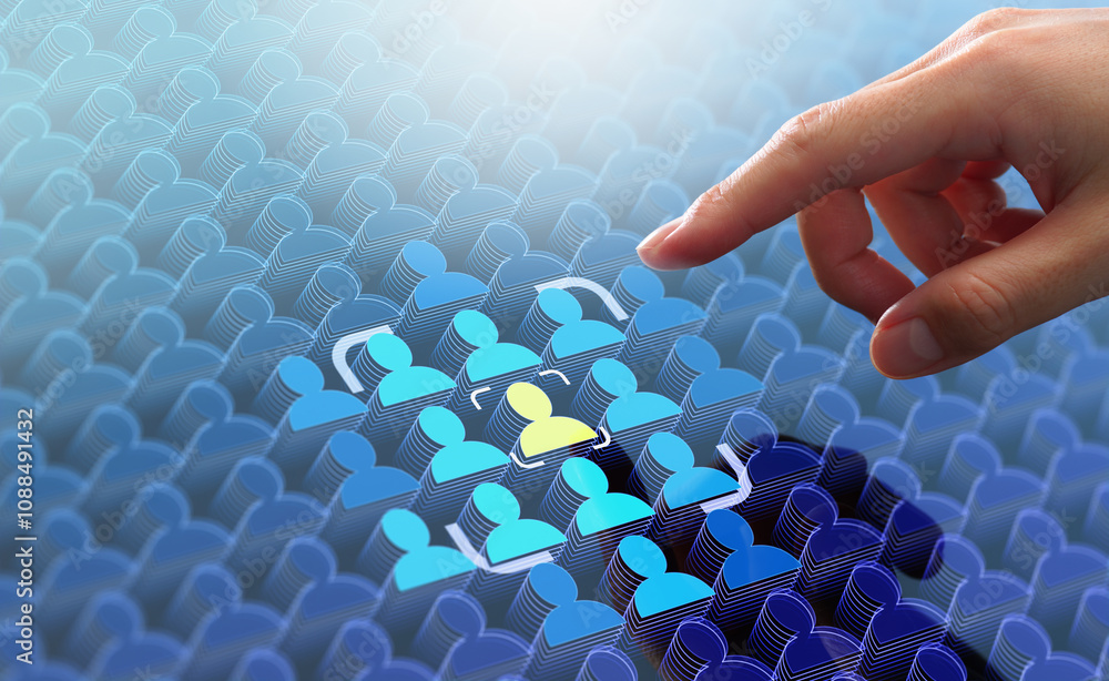 Target market or audience. Marketing segmentation strategy and plan. Marketer touching client icon.