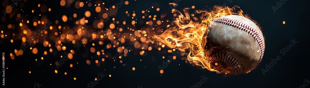 Ball with fire trail against dark background, dynamic movement, adrenaline-filled baseball action Ball with fire trail against dark background, dynamic movement, adrenaline-filled baseball action